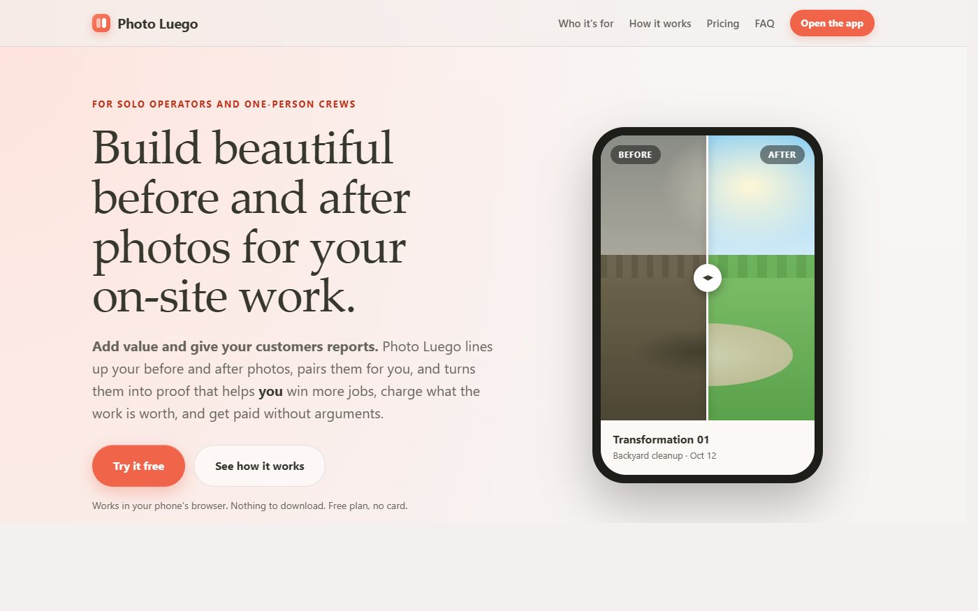 The Photo Luego website: a before and after photo app for contractors